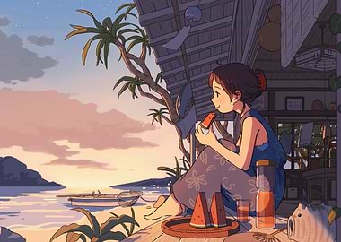 Girl eating watermelon by the sea