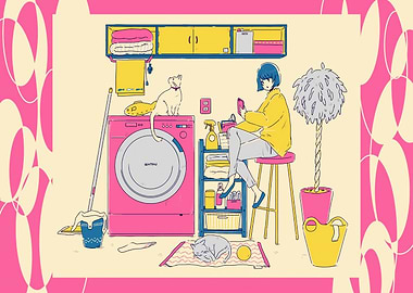 Laundry Day Illustration with Cats