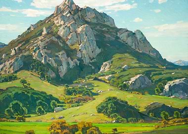 Mountain Landscape Painting with Green Hills
