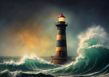 Lighthouse in Stormy Seas Painting Artwork