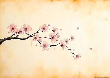Cherry Blossom Branch on Parchment