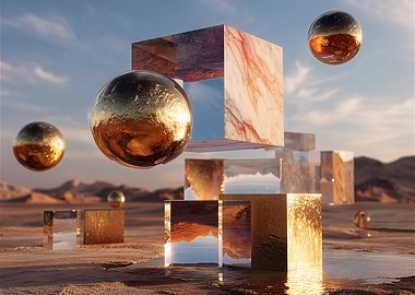 Surreal Geometric Composition With Golden Spheres And Marble Cubes