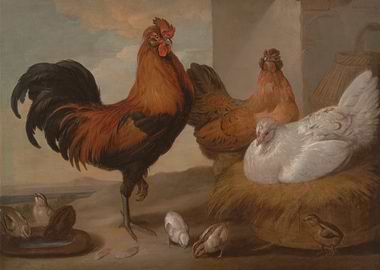 Rooster and Hens with Chicks Painting