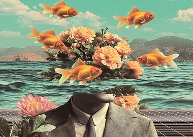 Surreal Portrait With Goldfish Flowers And Ocean Background