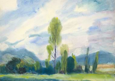 Watercolor Landscape with Trees and Sky