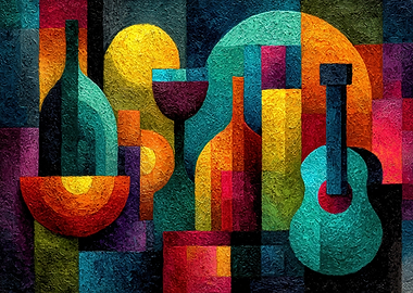 Abstract Still Life with Guitar and Wine