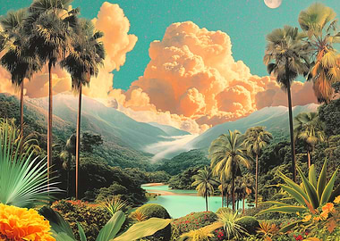 Surreal Tropical Valley With Palm Trees And Moonlit Sky