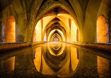 ancient arched hallway with water reflection