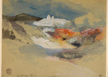Watercolor Landscape with Terraces and Mountains