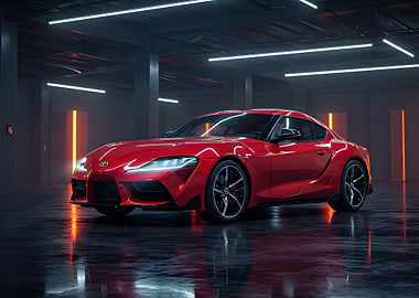 Red Toyota Supra in Modern Garage