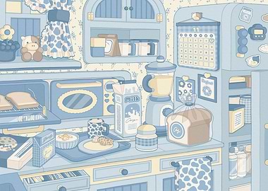 Blue Kitchen Illustration with Food Items