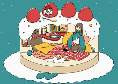 Cozy Cake Room with Girl and Cat