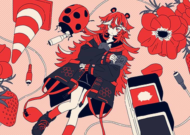 Red-Themed Anime Girl with Surreal Objects