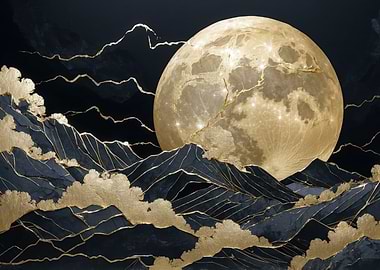 Golden Moon over Mountain Landscape