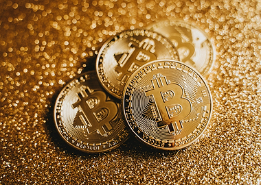 Golden Bitcoin Coins on Glitter Background