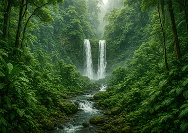 Lush Green Waterfall in Tropical Forest