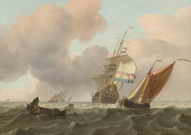Maritime Painting with Ships and Rough Seas