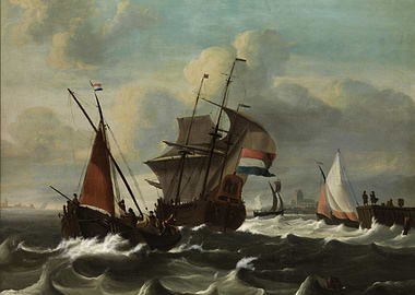 Maritime Painting with Ships on Rough Seas