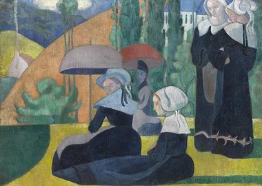 Breton Women in a Landscape Painting