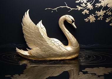 Golden Swan on Black Water