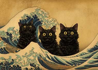 Black Cats Great Wave Parody Art