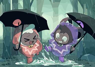 Cartoon Characters Playing in the Rain