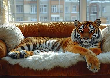 Tiger Relaxing on a Couch