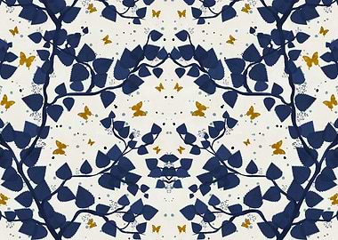 Navy Trees and Golden Butterflies Pattern