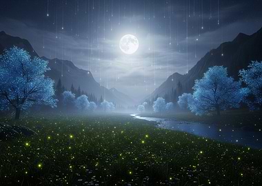 Enchanted Night Landscape with Glowing Elements