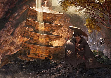 Japanese Pagoda with Figure in Kimono