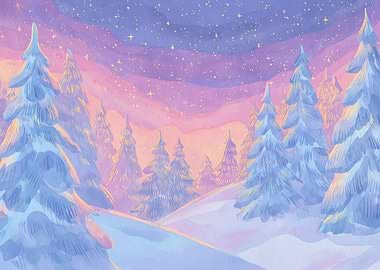 Watercolor Winter Landscape with Starry Sky