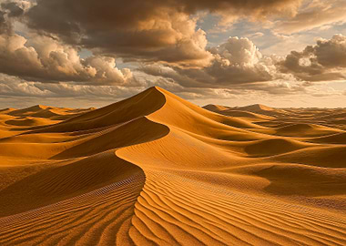 Golden Desert Dunes Under Cloudy Sky