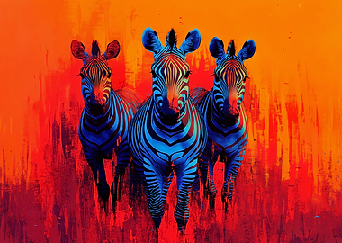 Three Zebras in Blue and Red