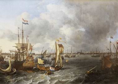 Naval Battle Painting with Dutch Ships