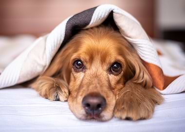 Dog under blanket portrait