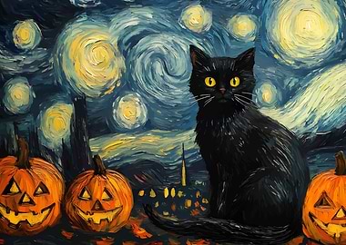 Halloween Cat Starry Night Painting