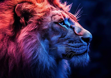 Lion portrait with neon lighting