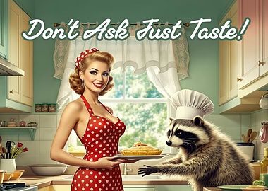Retro Kitchen with Woman and Raccoon