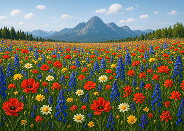 Colorful Flower Field with Mountain Backdrop