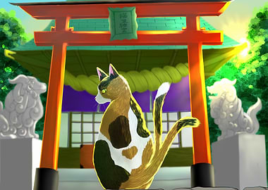 Calico Cat at Japanese Shrine