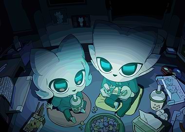 Cute Cat Characters Gaming Night