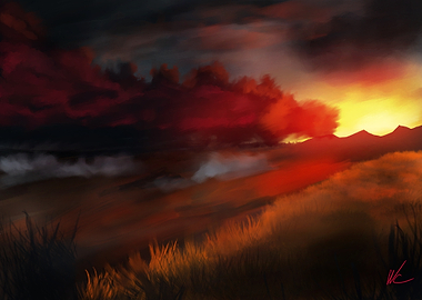 Dramatic Sunset Landscape Painting
