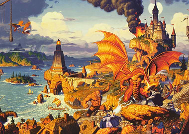 Fantasy Battle Scene with Dragon and Castle