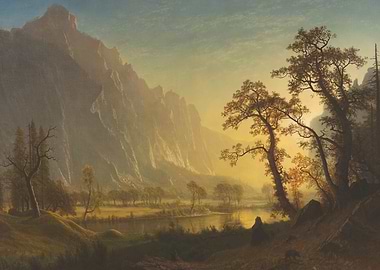 Mountain Landscape Painting with Golden Light