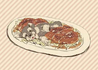 Dog on a plate with food