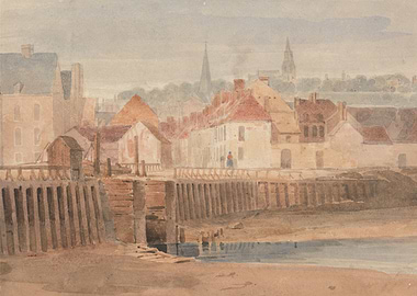Watercolor painting of a coastal town
