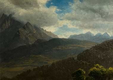 Mountainous Landscape Painting with Cloudy Sky