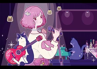 Anime Girl Singing with Musical Cats