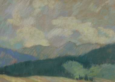 Pastel Mountain Landscape with Cloudy Sky