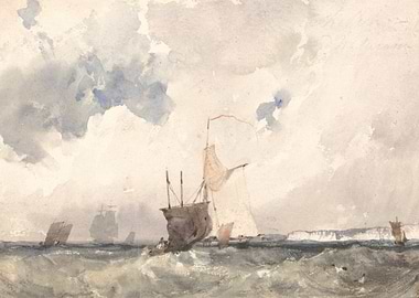 Watercolor Painting of Ships on the Sea
